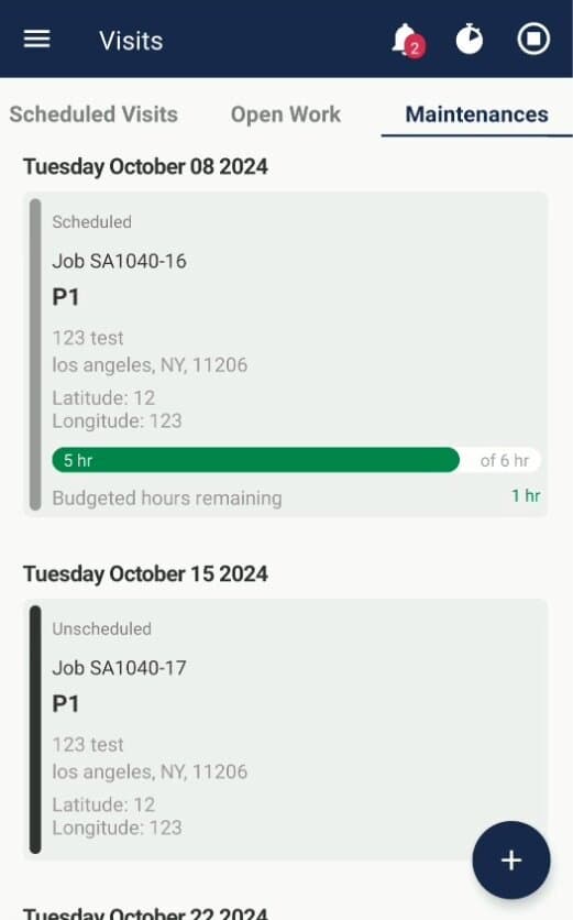 Introducing the maintenance tab for mobile: techs can now see available maintenance work with a progress bar to track budgeted, used, and remaining hours.